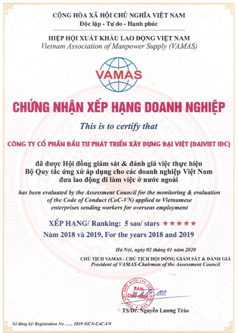 CHỨNG NHẬN XẾP HẠNG 5 SAO NĂM 2018 VÀ 2019